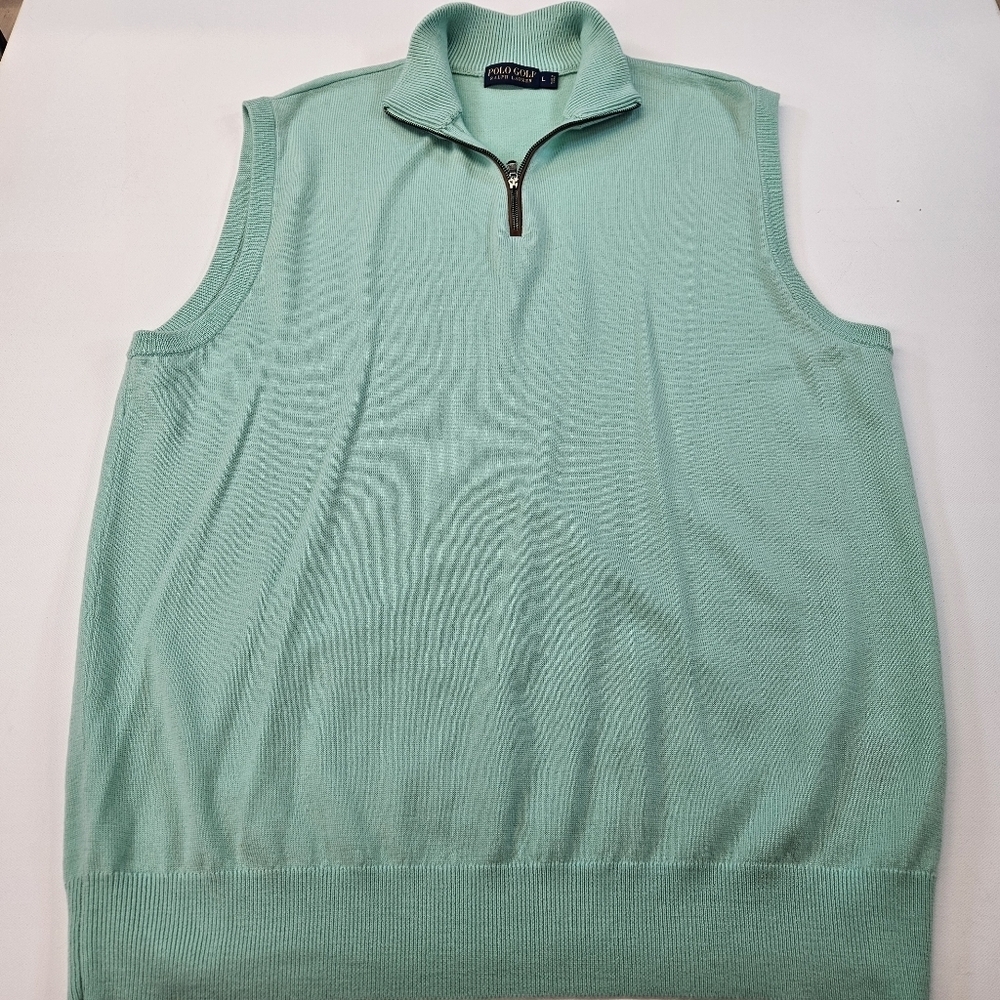 Polo Golf Ralph Lauren Sweater Vest Mens L Green 100% Merino Wool Quarter Zip
